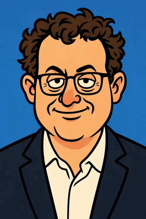 The safety prophet, curly hair, glasses, mild smile