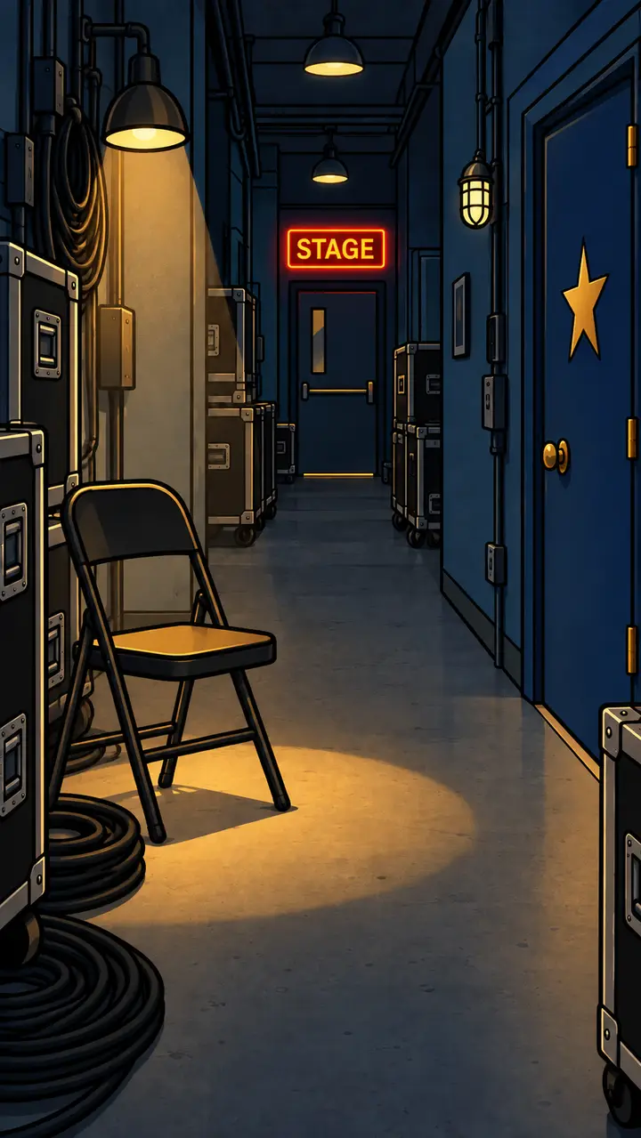 A backstage corridor with flight cases and a folding chair under a lamp