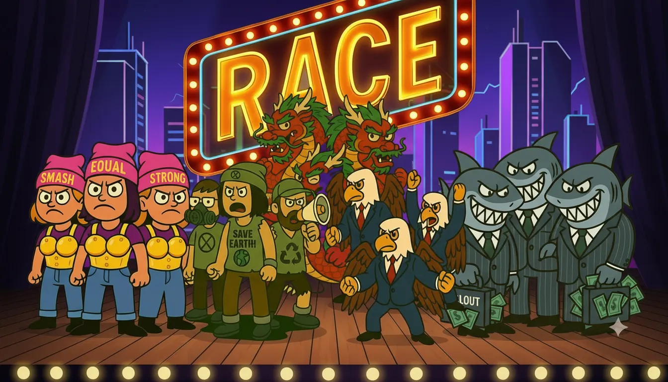 The RACE cast lined up on a stage under the neon marquee
