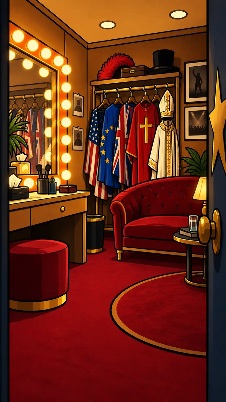 A dressing room with a lit mirror, a red sofa and a rack of flags and vestments