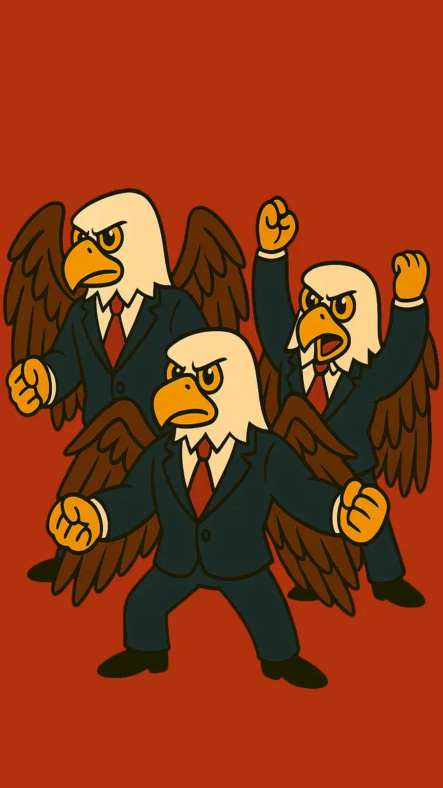 Three bald eagles in dark suits with fists raised