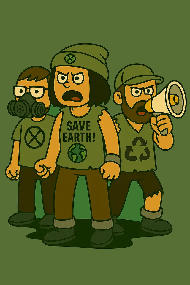 Three eco activists, one with a megaphone