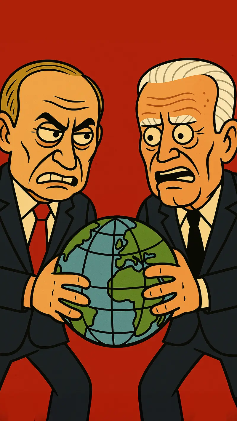 Two leaders wrestling over a globe