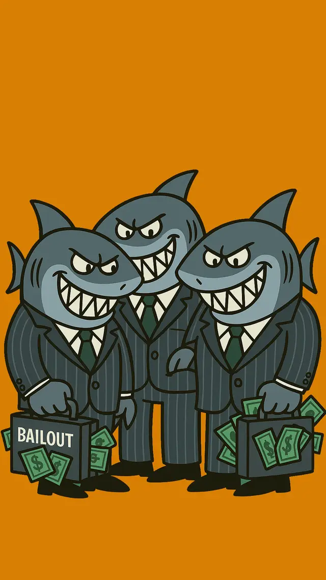 Three sharks in pinstripe suits with briefcases of cash