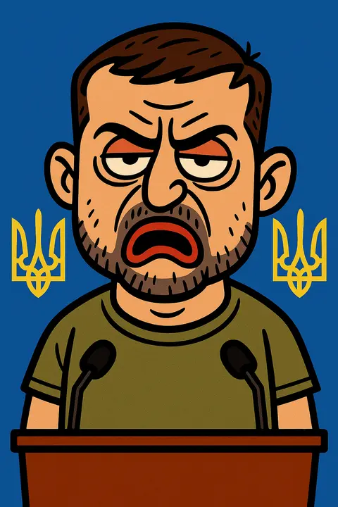 Zelenskyy shouting at a twin-mic podium